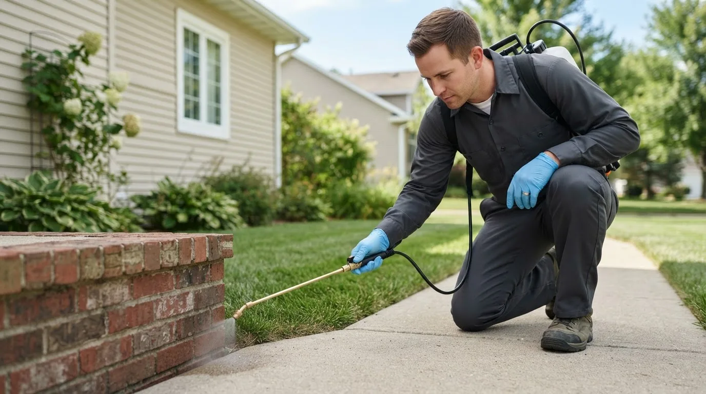 Pest control technician treating a home near Faxon, OK