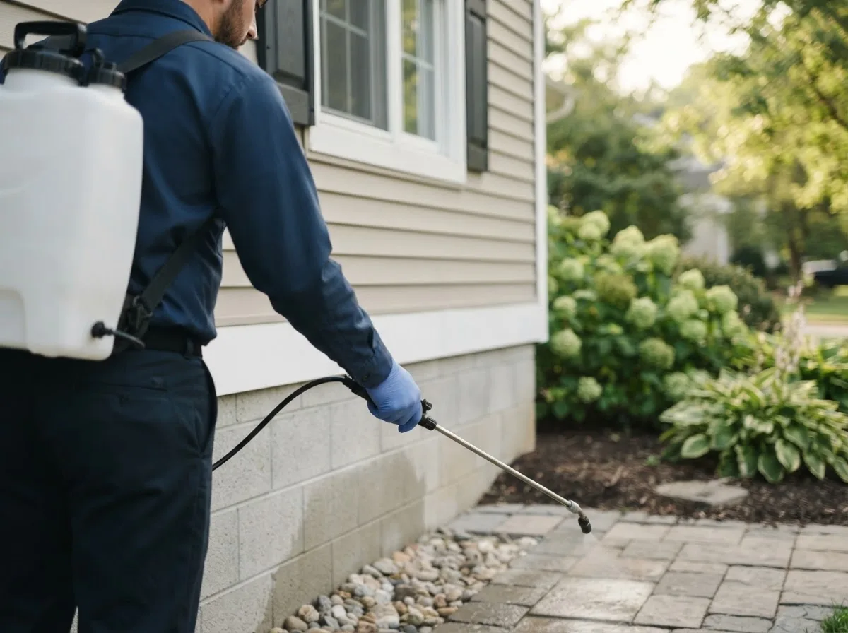 Pest control technician inspecting a home in Faxon, OK